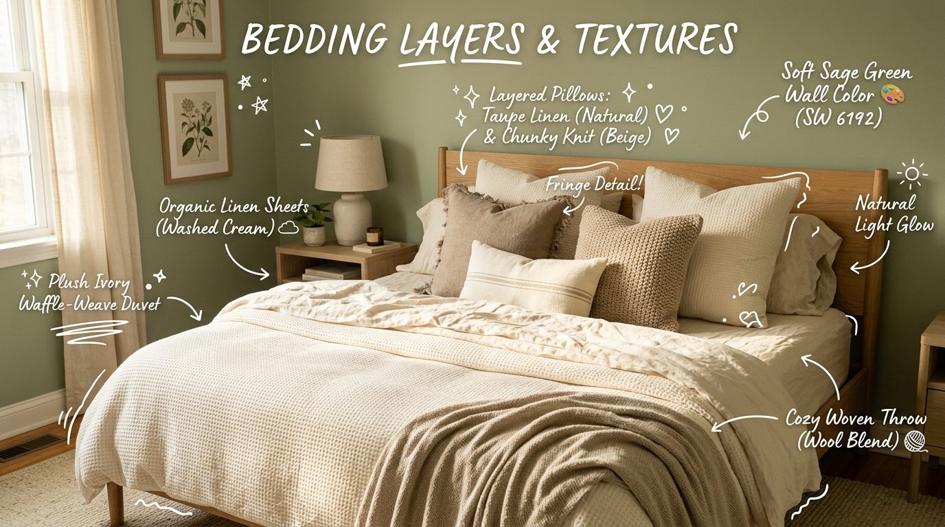 Luxurious layered white and beige bedding with pillows and a throw blanket