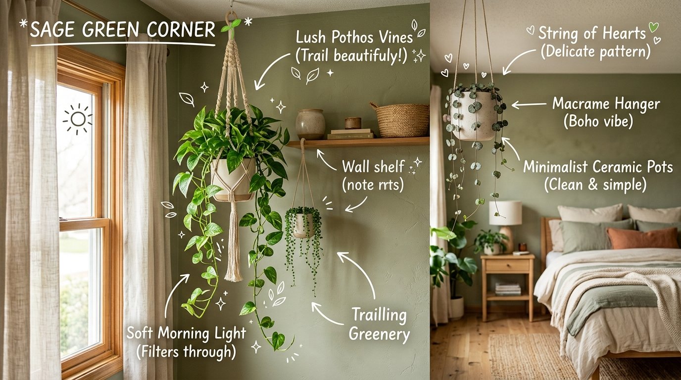 Green hanging indoor plants adds natural contrast to bedroom decor